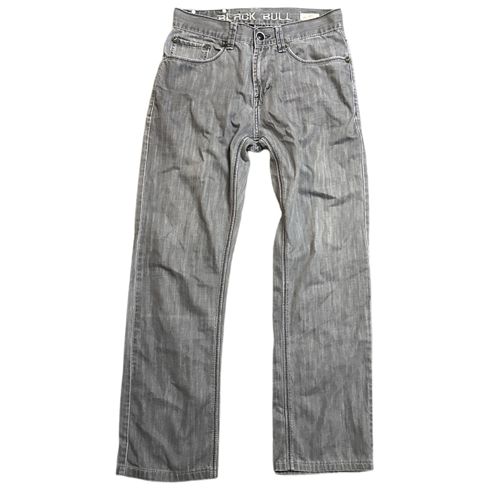 Y2K BLACK BULL men's grey slim straight mid rise embroidered jeans, 29".